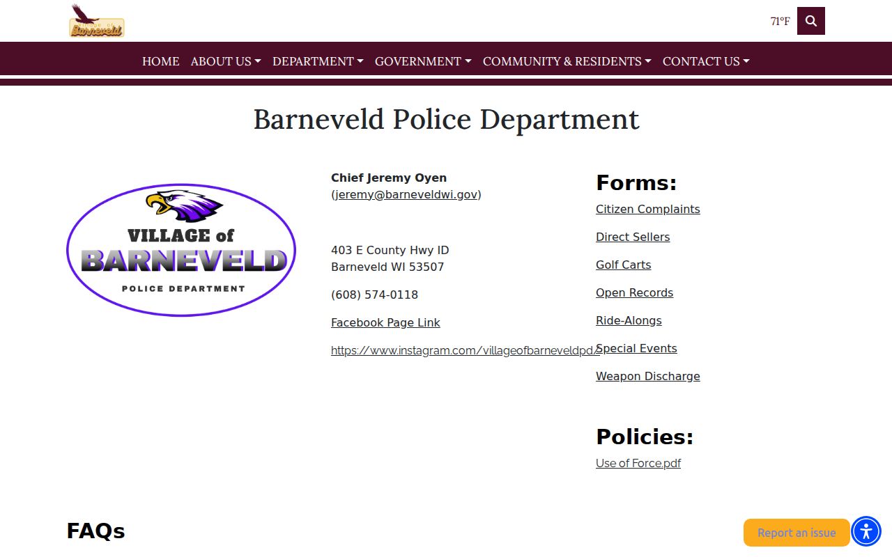 Barneveld Police Department criminal records and contact in Iowa County