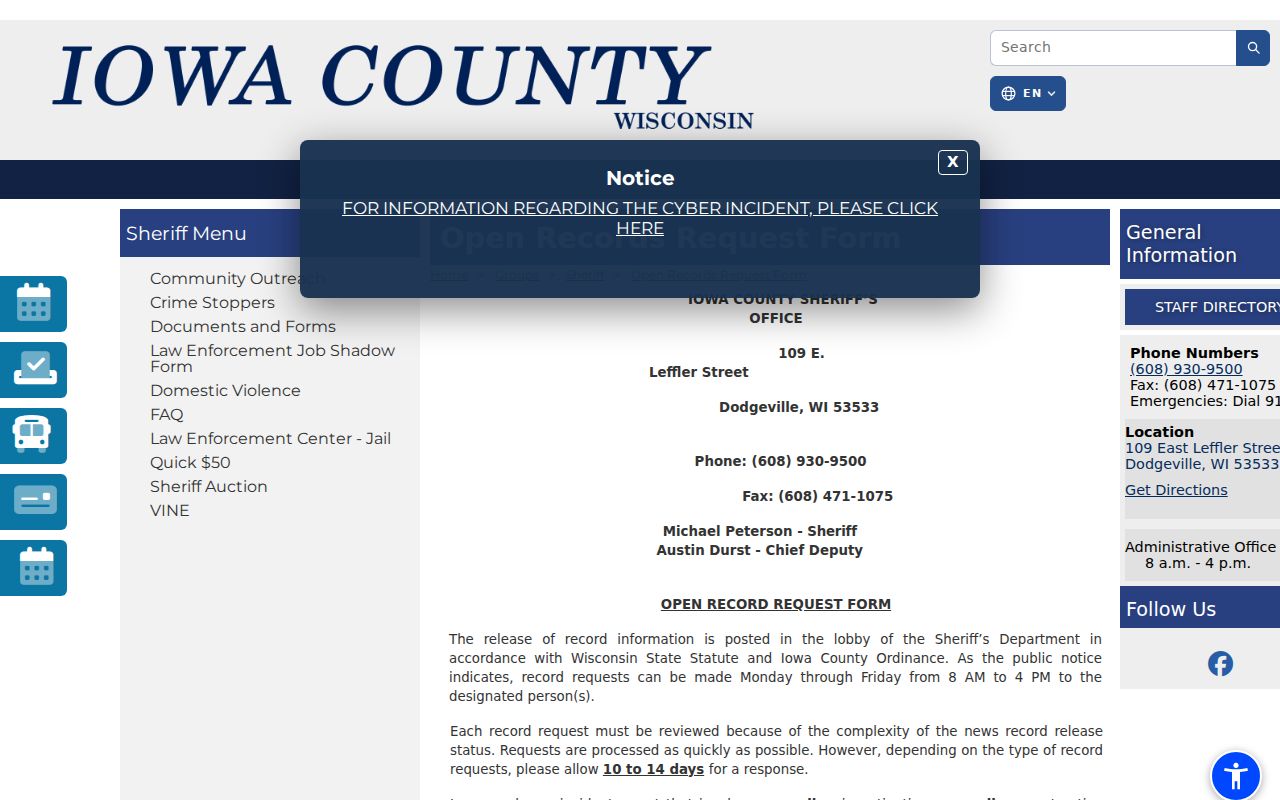 Iowa County arrest record request form from the Sheriff