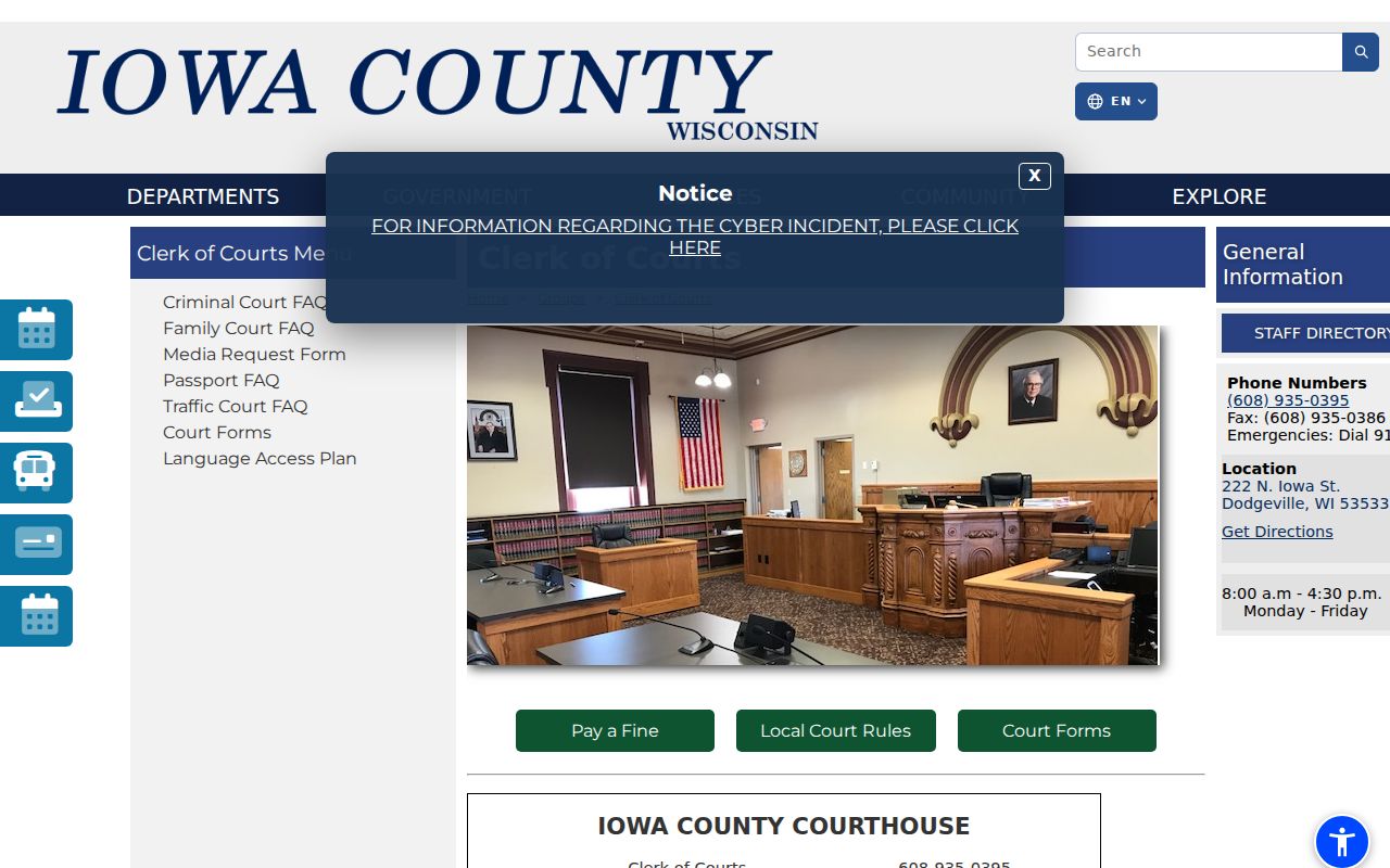 Iowa County criminal case file access at the Clerk of Courts