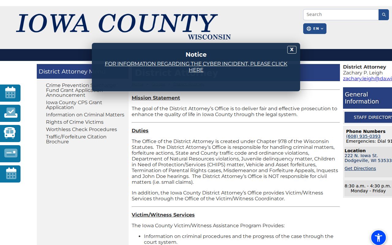 Iowa County criminal court records at the District Attorney office
