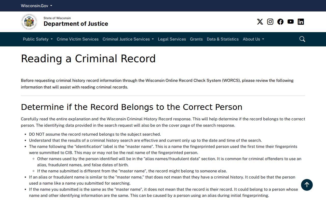 Wisconsin DOJ guide for reading Iowa County criminal history
