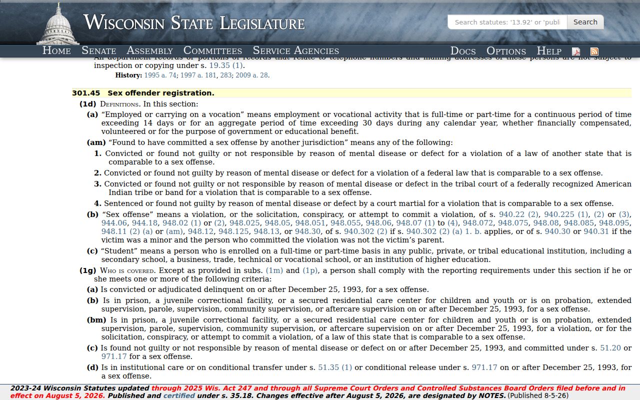 Wisconsin registration law for Iowa County sex offender records