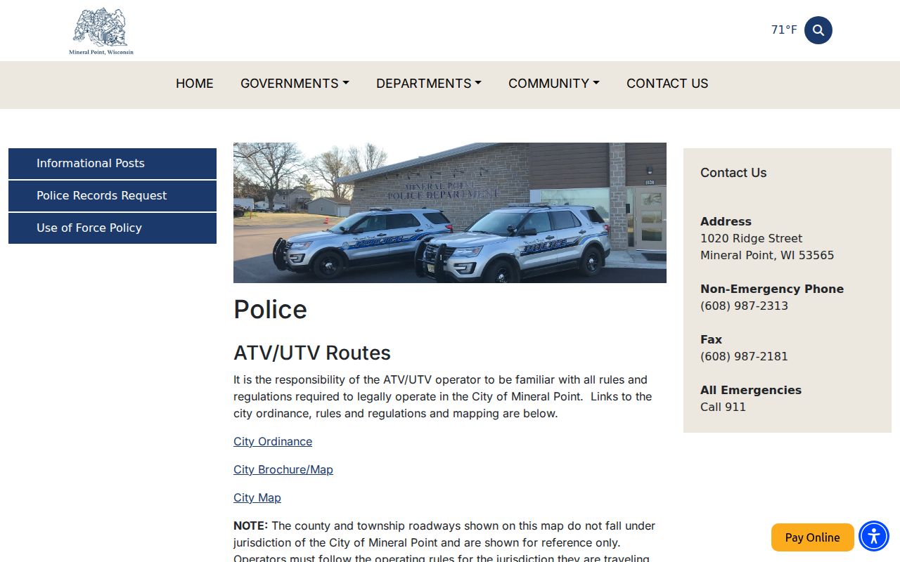 Mineral Point Police Department criminal records contact in Iowa County